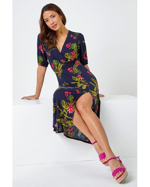 Roman Blue Tropical Print Stretch Wrap Midi Dress