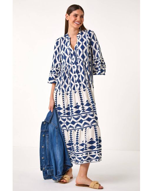 Roman Blue Aztec Print Tiered Midi Smock Dress
