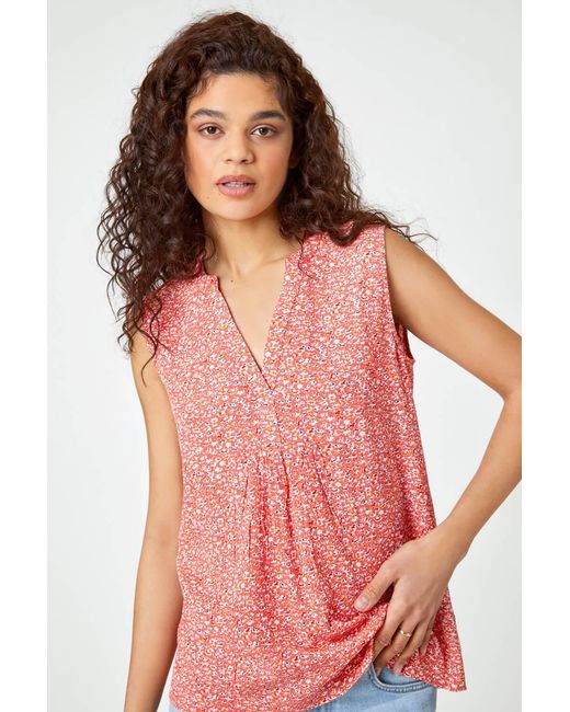 Roman Red Sleeveless V-Neck Ditsy Floral Print Top