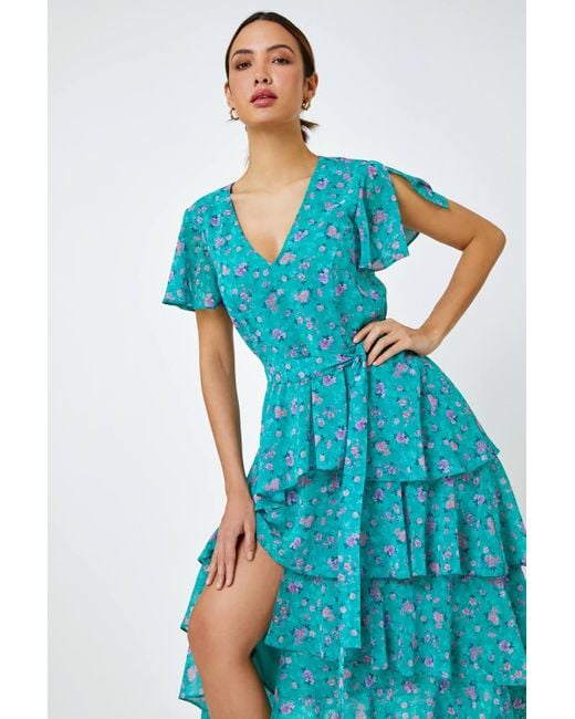 Roman Blue Floral Print Chiffon Tiered Midi Dress