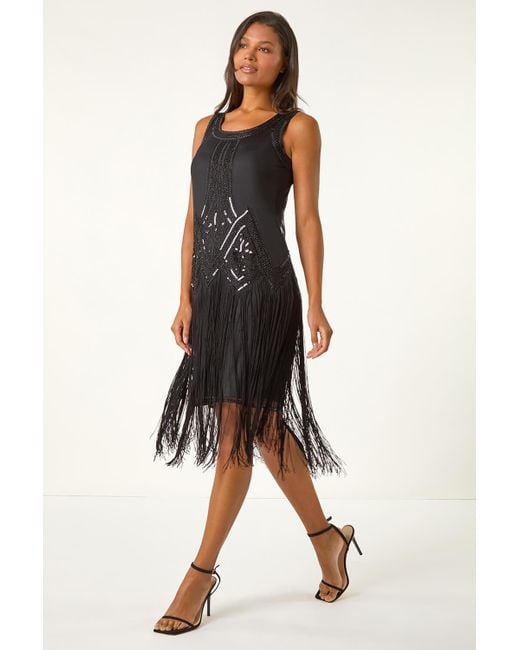 Roman Black Sequin Fringe Flapper Midi Dress