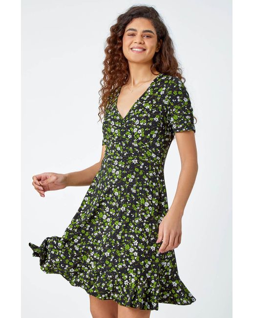Roman Green Floral Print Wrap Stretch Dress