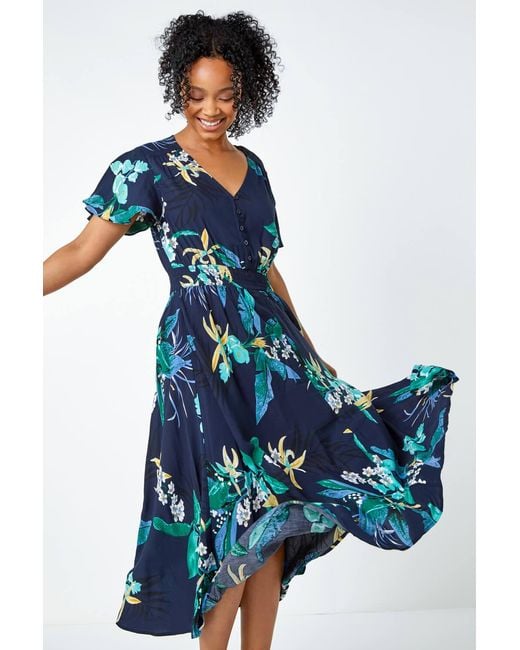 Roman Petite Blue Floral Shirred Midi Dress