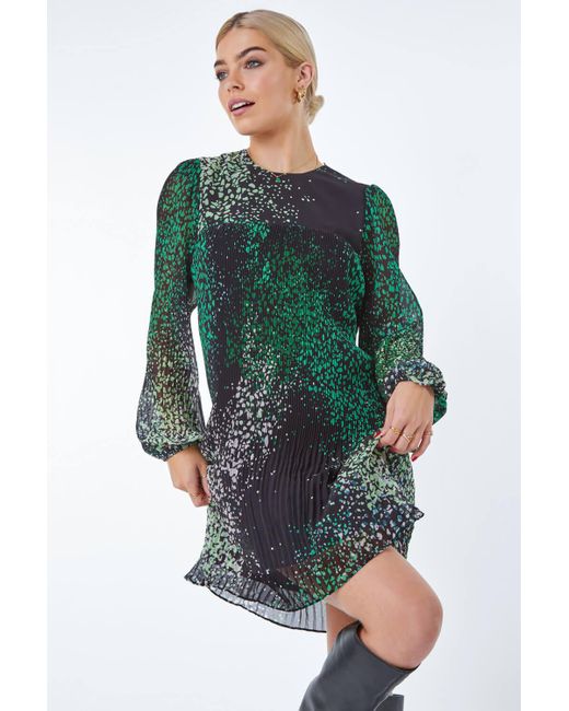 Roman Green Dusk Fashion Pebble Print Chiffon Plisse Swing Dress
