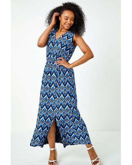Roman Blue Originals Petite Aztec Print Shirred Maxi Dress