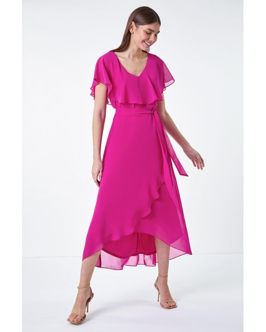 Roman Pink Plain Chiffon Midi Wrap Dress