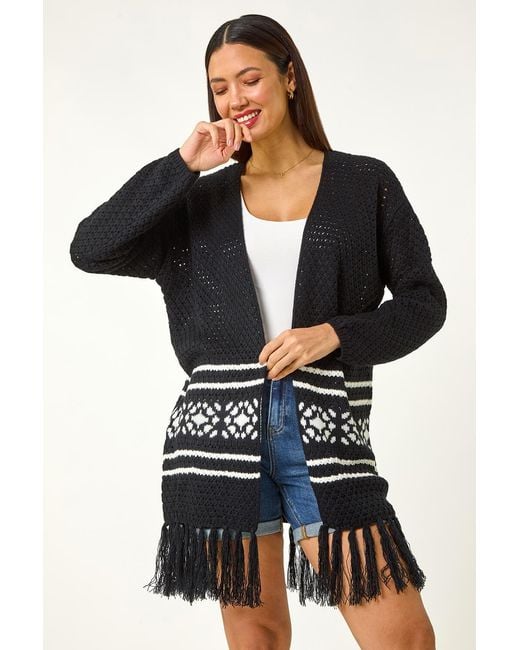Roman Black Jacquard Fringe Hem Knit Cardigan