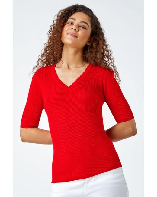 Roman Red Scallop Edge Ribbed Stretch Knit Top