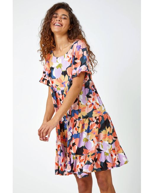 Roman White Floral Print Frill Hem Dress