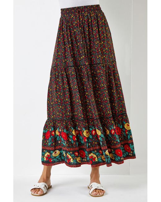 Roman Black Floral Print Elastic Waist Tiered Maxi Skirt