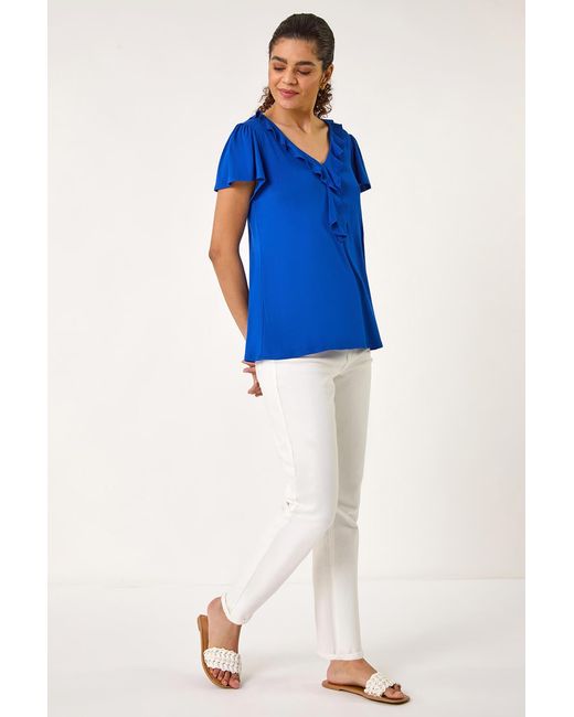 Roman Blue Ruffle Front Stretch Top