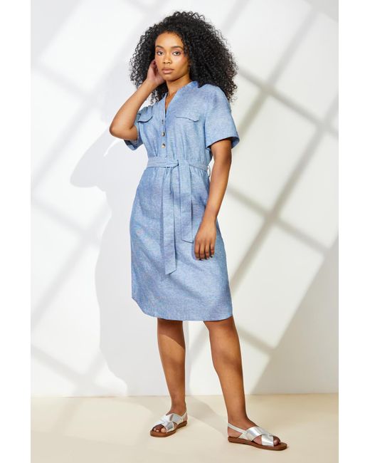 Roman Blue Petite Linen Blend Shirt Shift Dress