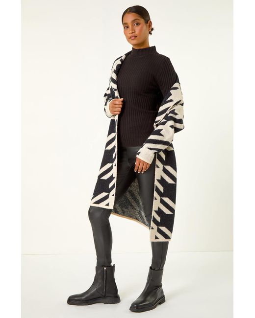 Roman Black Houndstooth Knit Edge-to-Edge Coatigan