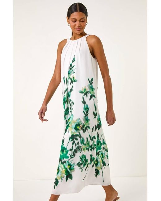 Roman Green Floral Print Halter Neck Midi Dress