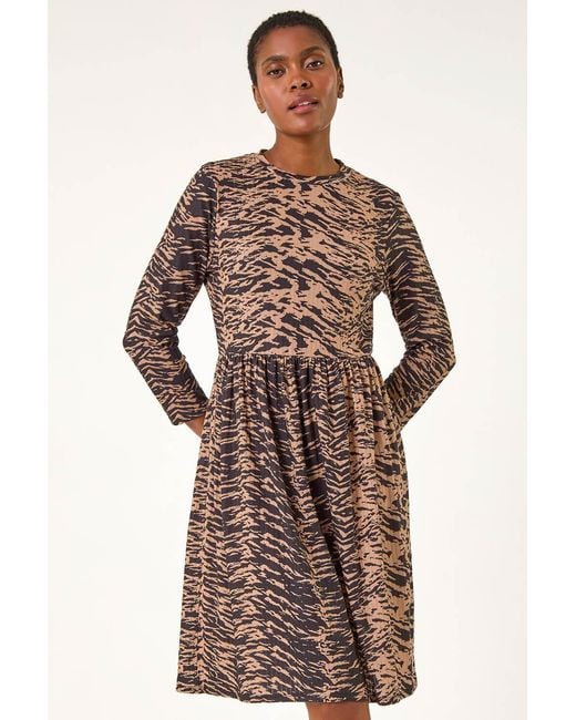 Roman Natural Animal Print Ribbed Gathered Waist Stretch Dress