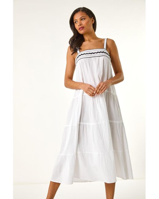 Roman White Ric Rac Trim Midi Dress