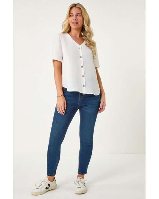 Roman Petite White V-Neck Button Through Blouse