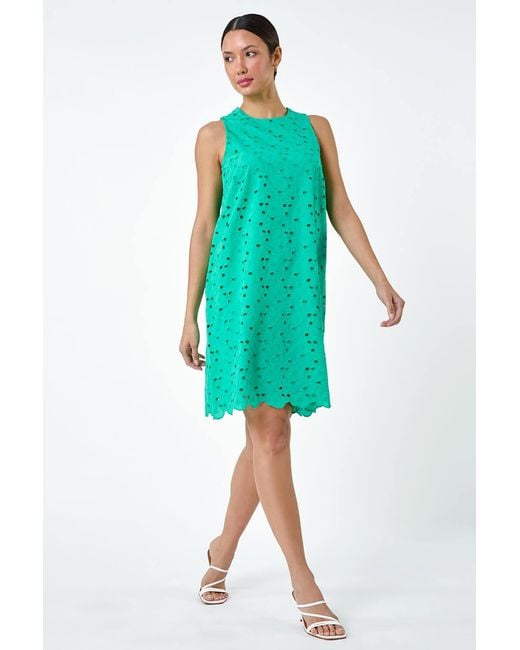 Roman Green Cotton Embroidery Detail Shift Dress