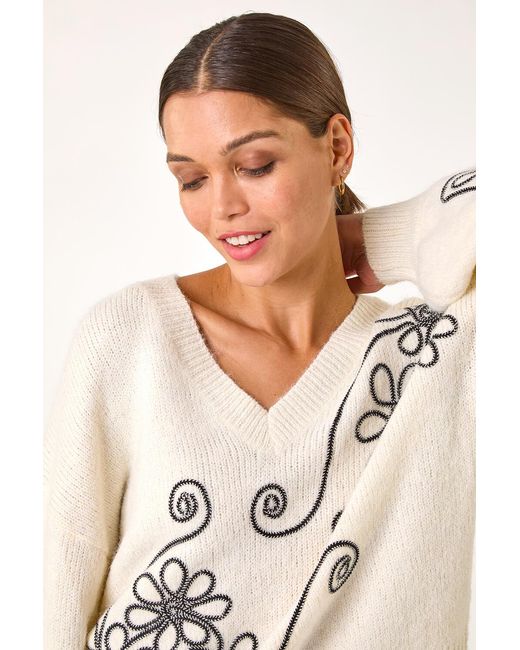 Roman White Contrast Swirl Floral Knit Jumper