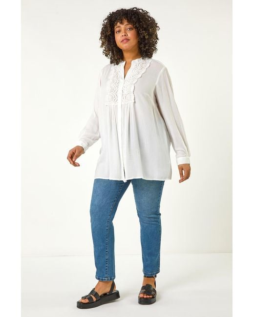 Roman Curve White Lace Trim Pintuck Blouse