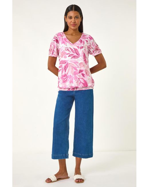 Roman Pink Floral Print Burnout V-Neck Top