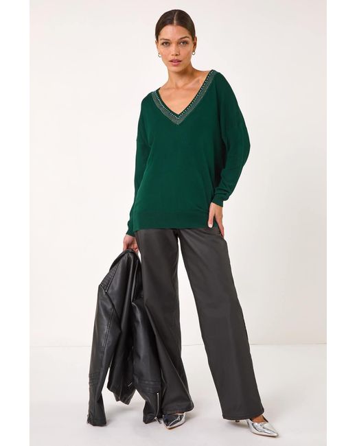 Roman Green Hotfix Trim V-Neck Knit Jumper