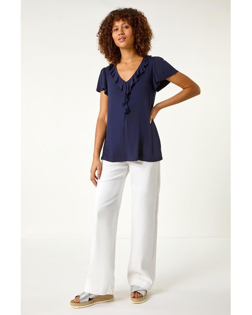 Roman Blue Ruffle Front Stretch Top