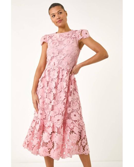 Roman Pink Crochet Floral Lace Midi Dress