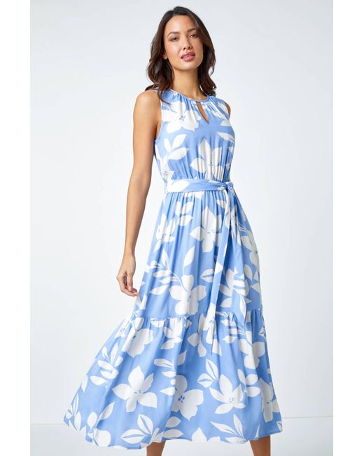 Roman Blue Sleeveless Floral Print Maxi Dress