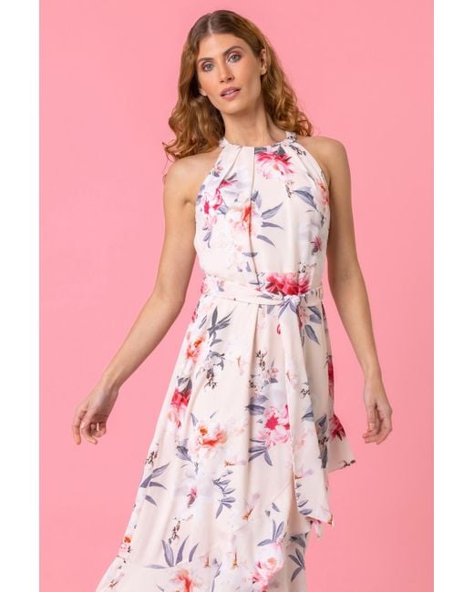 Roman Pink Floral Asymmetric Belted Midi Dress