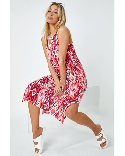 D.u.s.k Red Sleeveless Aztec Print Midi Stretch Dress