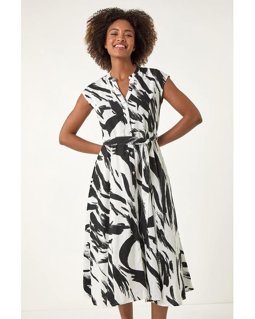 Roman White Brushstroke Linen Mix Midi Dress