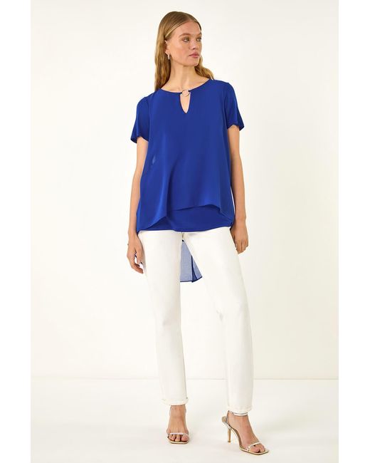 Roman Blue Ring Front Chiffon Overlay Top