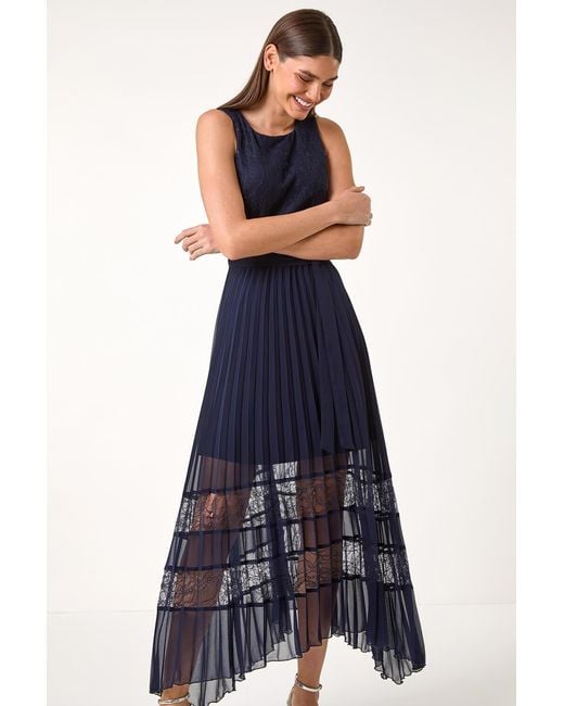 Roman Blue Pleated Lace Detail Midi Dress