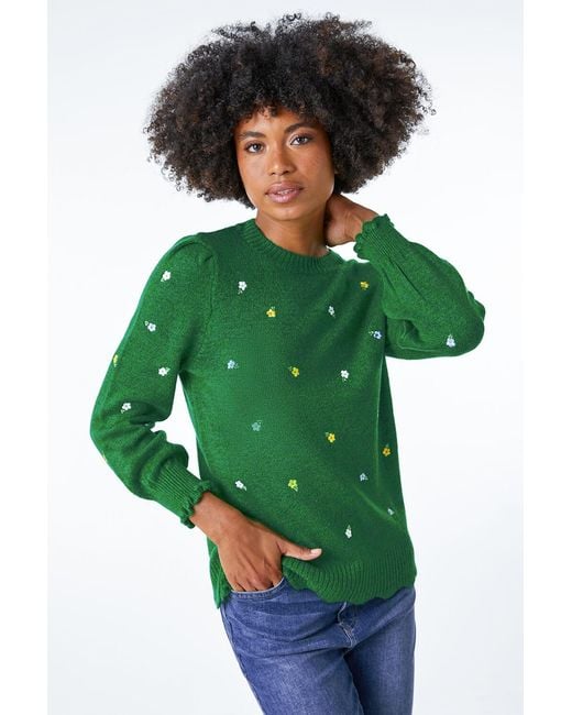 Roman Green Floral Embroidered Scallop Hem Jumper