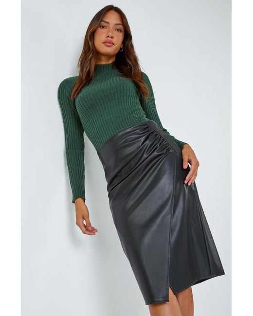 Faux leather top pencil skirt green