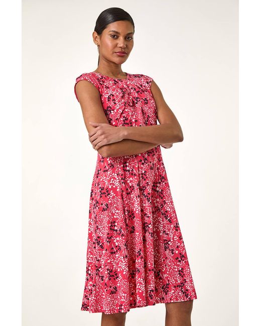 Roman Red Ditsy Floral Keyhole Twist Dress