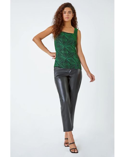 Roman Green Geometric Sparkle Embellished Vest Top