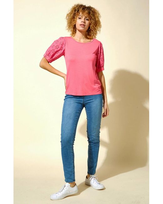 Roman Pink Broderie Puff Sleeve T-Shirt