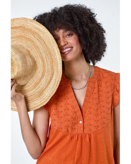 Roman Orange Embroidered Frill Cotton Blend V-Neck Vest Top
