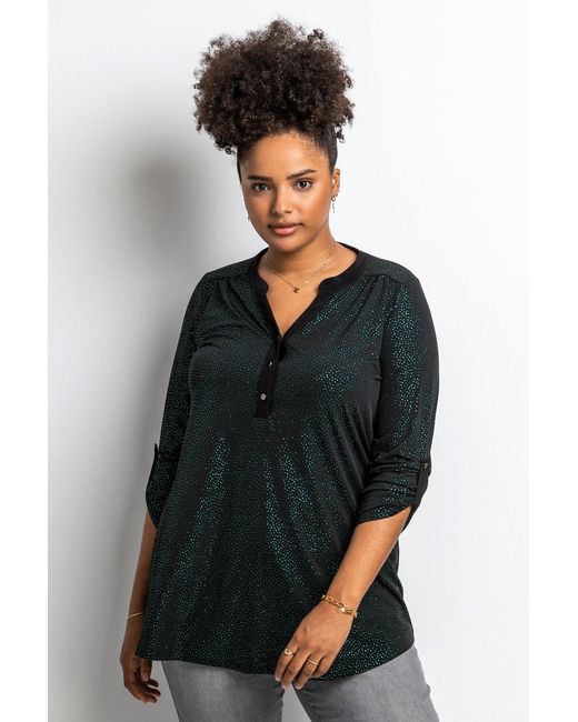 Roman Curve Green Glitter Button Tunic Top