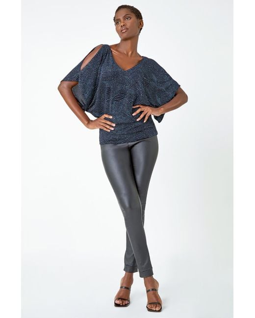 Roman Blue Glitter Cold Shoulder Blouson Stretch Top