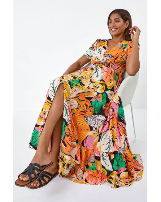 Roman Orange Tropical Print Frilled Hem Maxi Dress