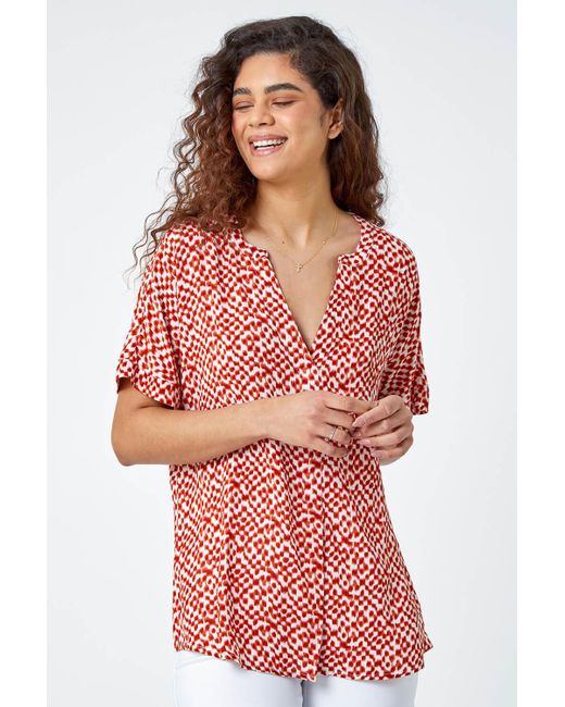 Roman Red Abstract Spot Print Woven Top