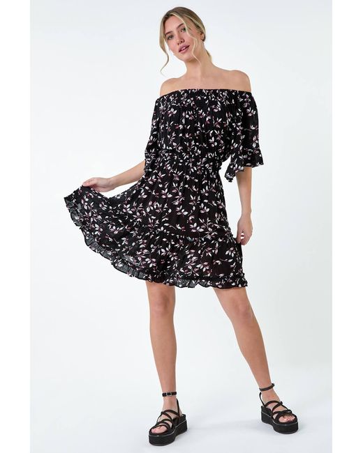D.u.s.k Black Ditsy Floral Bardot Pocket Dress