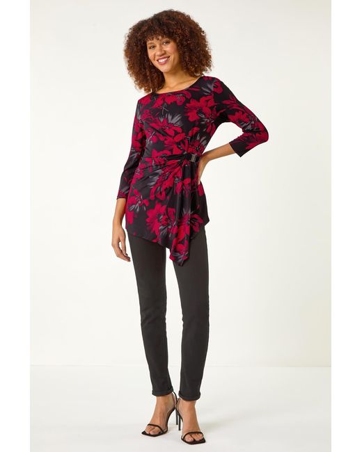 Roman Red Floral Print Asymmetric Top