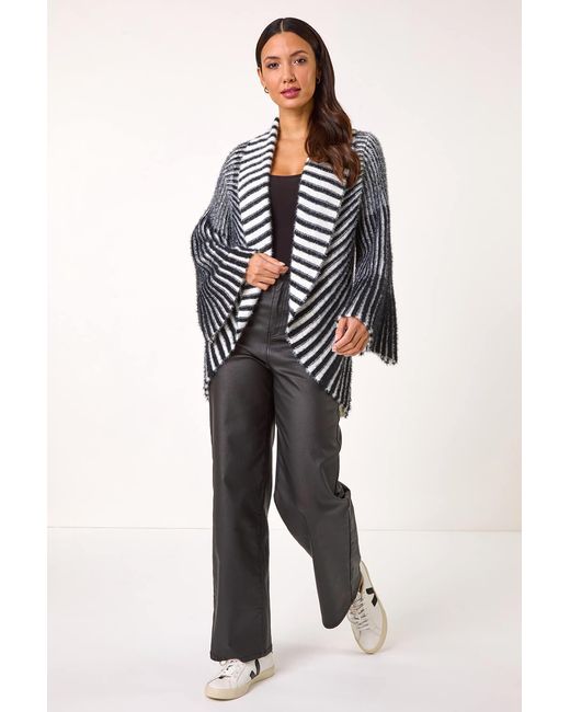 Roman Black Shawl Fluffy Striped Knit Cardigan