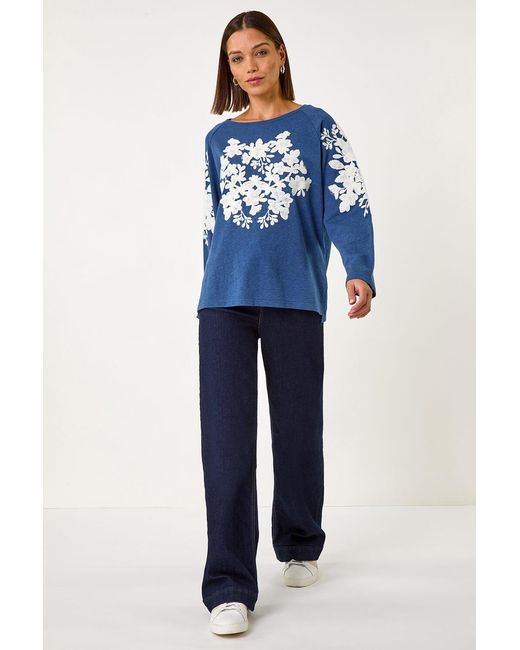 Roman Blue Floral Applique Detail Stretch Top