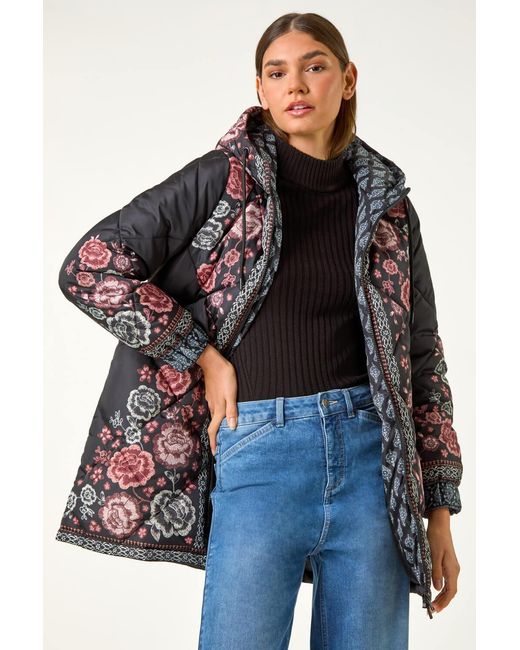 Roman Blue Floral Print Quilted Hooded Coat