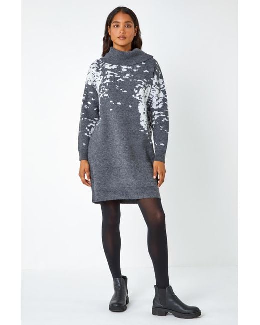 Roman Gray Abstract Print Cowl Neck Jumper Dress